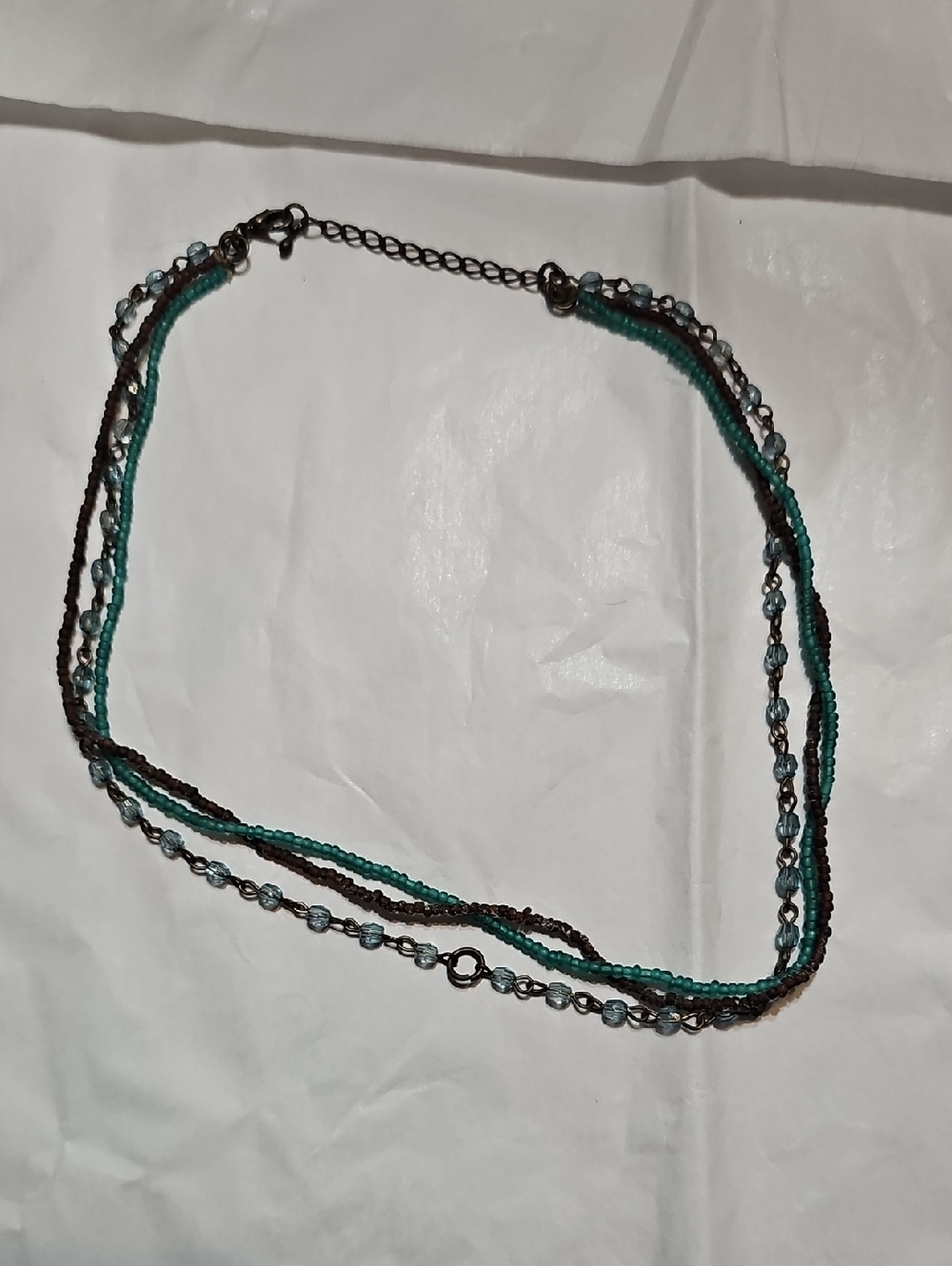 Blue And Brown Bead Necklace Three Strand Seed Bead